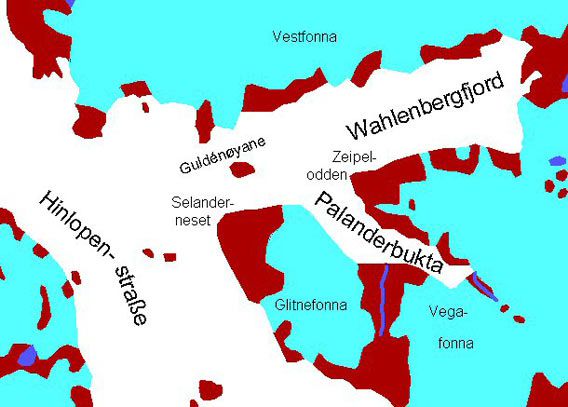 Kart Wahlenbergfjord og Palanderbukta